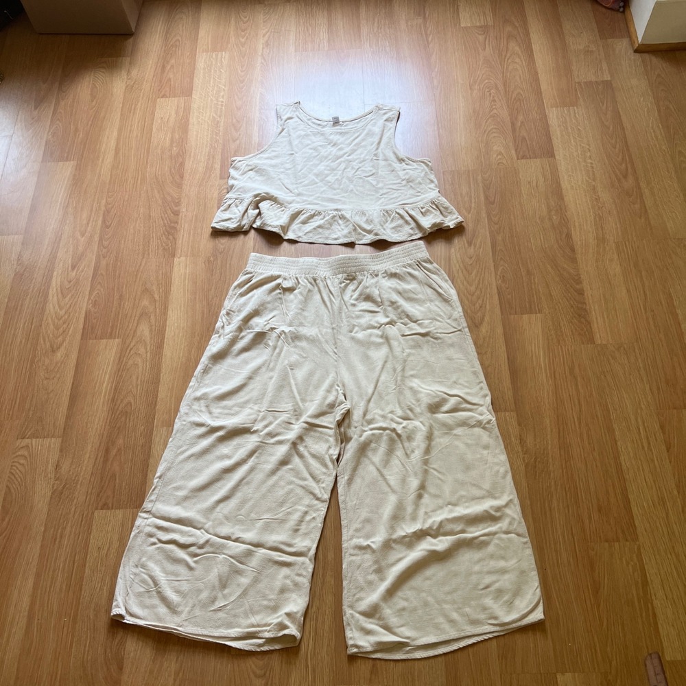 Linen Blend 2 Piece Set XX Crop Peplum Top Wide Leg Pull On Pants Beige Cream L